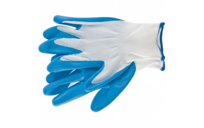 Перчатки полиэфирные с синим нитрильным покрытием маслобензостойкие, L, 15 класс вязки. СИБРТЕХ