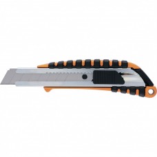Нож, 18 мм выдвижное лезвие металлическая направляющая, металлический двухкомпонентный корпус. SPARTA